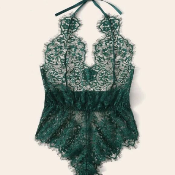 Green Lace Teddy Lingerie Outfit - Picture 3 of 9